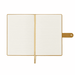 A prestige hardcover notebook in a tan colour, featuring lined pages and a ribbon marker. It includes a leatherette closure.