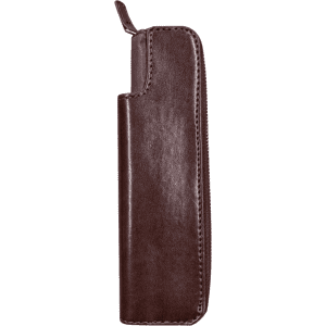 A brown pen pouch with a zip closure, designed to hold pens or pencils, featuring a sleek, smooth finish.