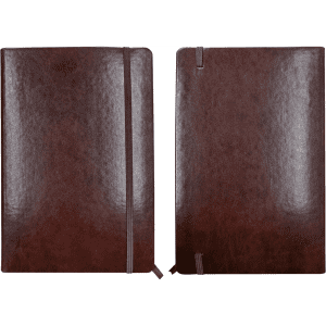 A dark brown soft cover notebook with a pen pouch, featuring a sleek and smooth finish. It includes a logo.