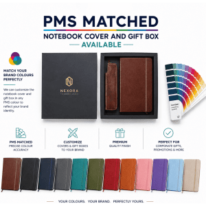 A brown soft cover notebook sits in a gift box alongside a pen pouch, with multiple notebook colours displayed below.