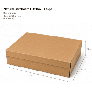A large natural cardboard gift box in a brown hue, with specified dimensions visible.