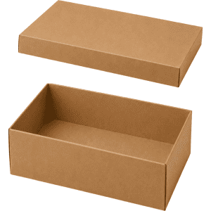 A large natural cardboard gift box next to its lid, showcasing a simple, brown design.