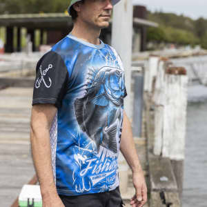 A men's fishing tee featuring a blue and black design with a fish graphic and a logo on the sleeve.