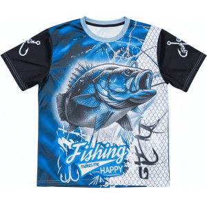 A blue and black polyester fishing tee featuring an illustration of a fish and a graphic design. It has a logo.