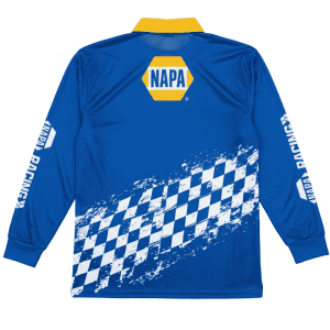 A blue long sleeve fishing polo with a yellow collar and a logo, featuring a checkered design on the back.