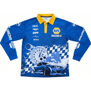 A blue long sleeve polyester polo shirt featuring a racing design with a yellow collar and a logo.