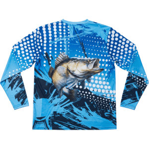 A blue long sleeve fishing tee featuring a large fish graphic and a vibrant abstract design. It has a logo.