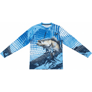 A long sleeve fishing tee in blue featuring a graphic of a fish and a textured design, includes a logo.