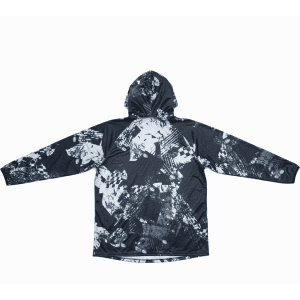A black and white patterned men's polyester sublimated 1/4 zip fishing hoodie with a hood and long sleeves.