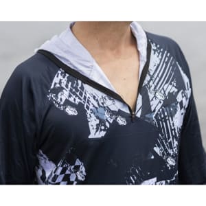 A 1/4 zip fishing hoodie in navy with a striking graphic design, featuring a hoodie and a branding logo.