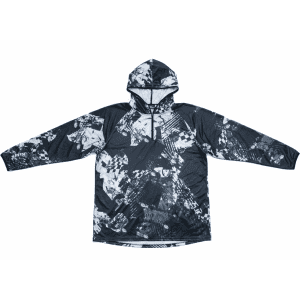 A men's polyester 1/4 zip fishing hoodie featuring a dark, abstract pattern in shades of grey and black.