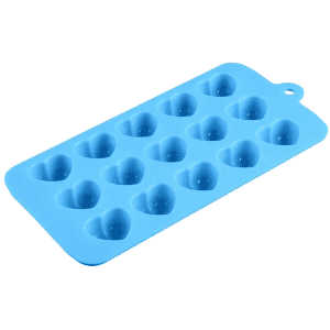 A blue silicone ice tray featuring 15 heart-shaped moulds for making ice cubes.