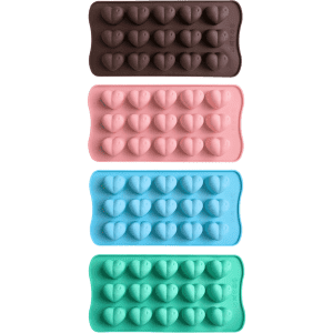 Silicone ice trays in heart shapes, featuring four colours: brown, pink, blue, and green. Each tray has custom moulds and a logo.