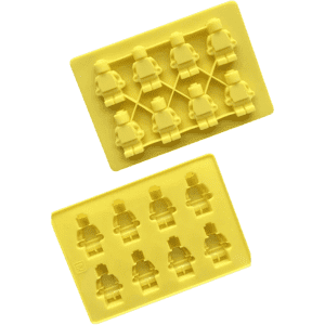 Yellow silicone ice trays featuring custom moulds shaped like miniature figures. Each tray holds multiple moulds.