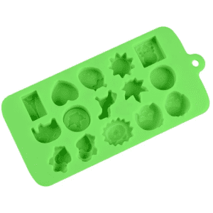 A green silicone ice tray featuring various custom moulds in different shapes, including stars, hearts, and animals.