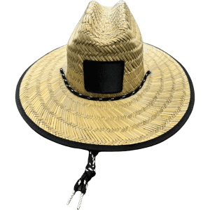 A straw hat in natural tones with a black band and a logo. Features a wide brim and a chin strap.