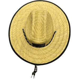 A straw hat with a wide brim, featuring a black trim and a decorative band.