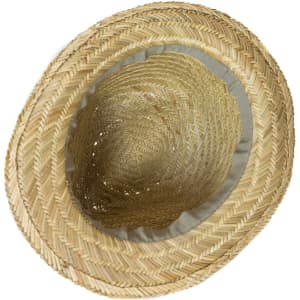 A straw hat with a wide brim, featuring a natural tan colour and a woven design. It has a branding logo inside.