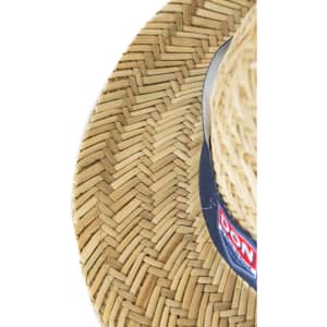 A straw hat with a wide brim, featuring a woven pattern and a dark band around the crown.