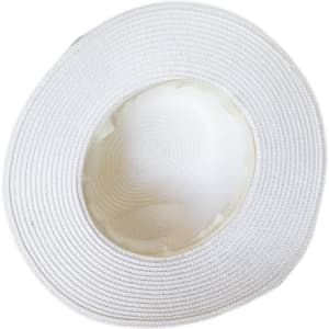 A white Fedora paper straw hat, featuring a wide brim and a circular interior design.