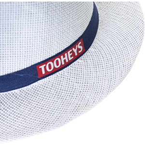 A white straw hat with a blue band featuring a logo. The hat has a textured design.