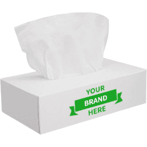 A rectangular tissue box in white with a green logo and tissues protruding from the top.