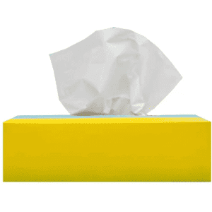 A rectangular tissue box in bright yellow with a white tissue partially pulled out from the top.