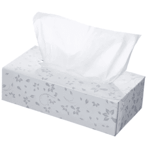 A rectangular tissue box in white with a floral design and tissues partially pulled out from the top.