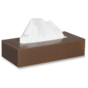 A rectangular tissue box in a brown patterned design with white tissues partially pulled out.