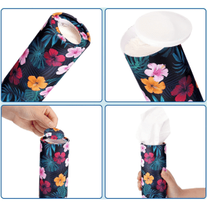 A cylindrical tissue dispenser with a floral pattern in dark blue, featuring bright pink and yellow flowers. It has a removable lid.
