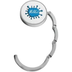 A silver bag hanger featuring a round disc with a blue splash design and a logo, connected by a flexible metal chain.