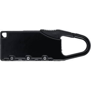 A black travel padlock with a carabiner clip and combination dials for setting a code.