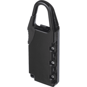 A travel padlock in black with a sleek design and a sturdy hook for secure fastening.