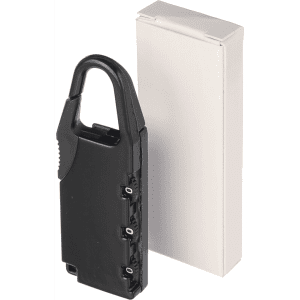 A black travel padlock with a carabiner clip next to a plain white box packaging.