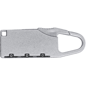 A silver travel padlock with a sleek design and a combination dial for security features. It includes a carabiner clip.