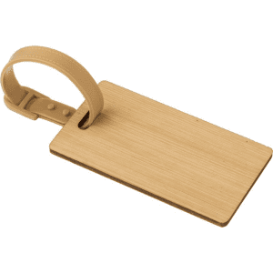 A bamboo luggage tag in a natural finish with a beige strap, featuring a minimalist design and a logo.