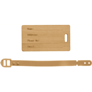 A bamboo luggage tag with a beige strap, featuring spaces for personal information and a logo.