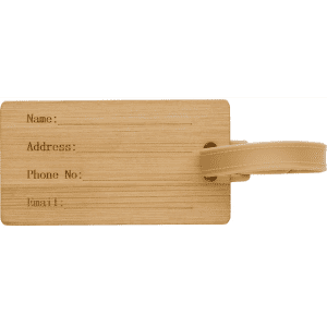 A bamboo luggage tag featuring spaces for personal information and a tan strap for attachment.