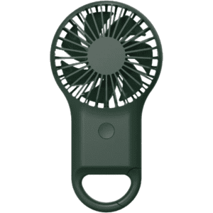 A green portable fan with a handle and circular design. It features a logo on the base.