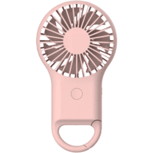 A pink portable fan with a circular design and a handle, featuring a central ventilation blade and a button.