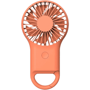 A portable pocket fan in a peach colour, featuring a handle for easy carrying and a simple design.
