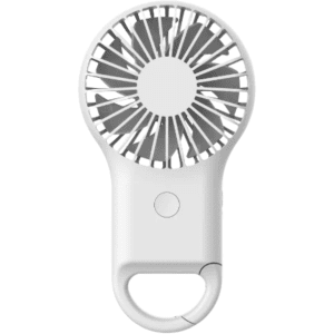 A white portable fan with a handle and a circular fan design, featuring a logo on its body.