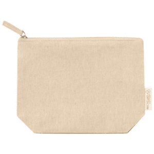 A beige recycled cotton cosmetic bag with a zipper closure and a small tag.