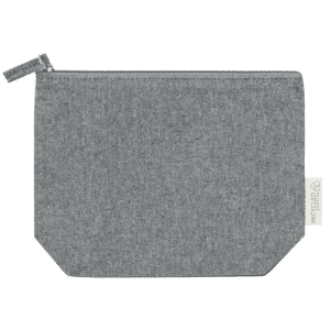 A grey recycled cotton cosmetic bag with a zip closure and a small tag, featuring a simple, minimalist design.