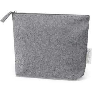 A grey recycled cotton cosmetic bag with a zip closure and a side tag, featuring a simple, minimalist design.