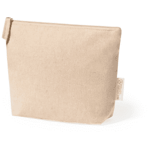 A beige cosmetic bag made from recycled cotton with a zip closure and a small tag.