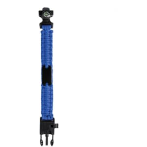 A blue survival bracelet featuring a compass and a decorative braided design, with a black clasp.
