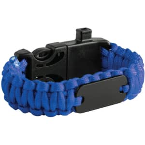 A blue survival bracelet with a black clasp and a metal tag, featuring a woven paracord design.