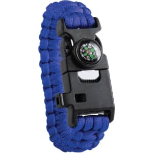 A blue survival bracelet featuring a black clasp and built-in compass. The design showcases a paracord weave.