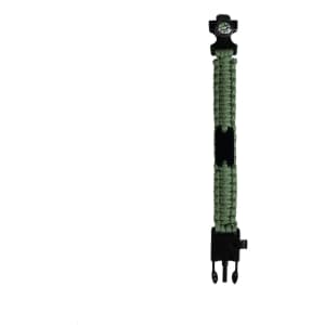 A green survival bracelet featuring a compass and a secure clasp, with a simple logo on one end.